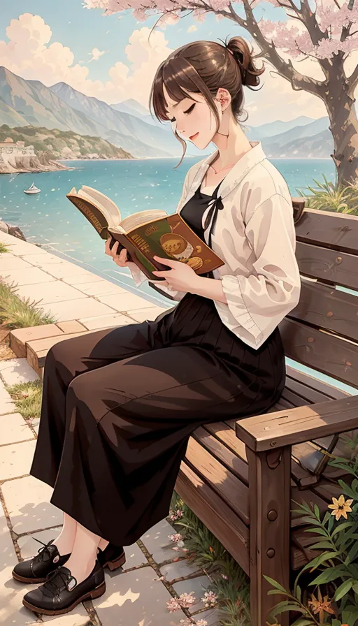 A cute anime girl ,anime eyes, reading a book sittin... | OpenArt