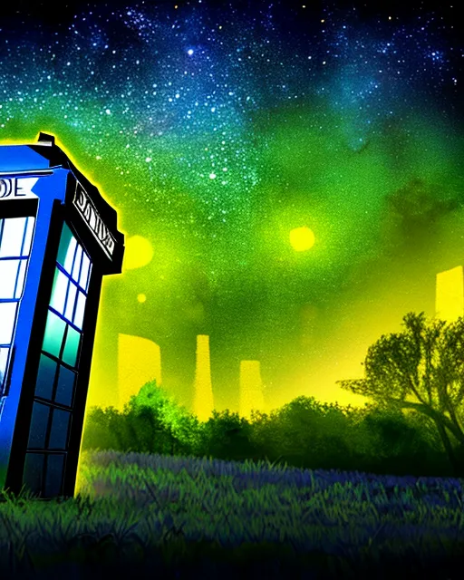 The TARDIS, from afar, in a magical field of green with many colors with a background of a burning city