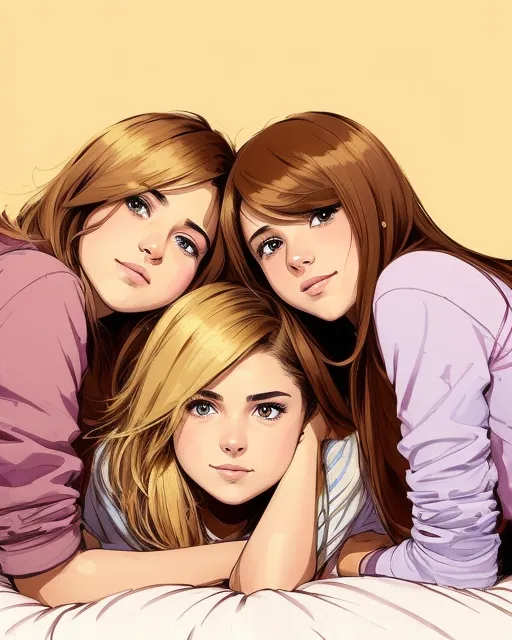 teens/young woman hanging out watching a movie on a TV in a bed room with tan walls, a desk in a corner of the room, the girls have  perfect faces, one girl has blonde hair and the other girl has brown hair, perfect composition, digital painting, smooth, Carne Griffiths, Victo ngai, Jean Baptiste Monge, shiny aura, beautiful, good eyes, good mouth, good quality, (full shot!) (best friends!)