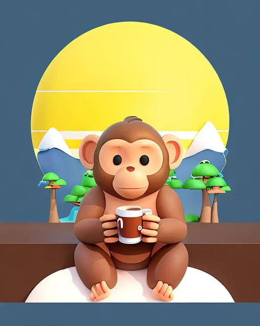 monkey drinking coffee, on a mountain, watching the sunrise, in 3D, UHD, amazing detailed animated, beautiful surreal building in a landscape,  luxury residential property,  real estate photography,  cosmic sky,  detailed,  realistic,  natural light,  full-color,  dreamscape aesthetic,  surreal fantasy building,  hd photography,  house and garden,  dwell designs,  architectural digest, pop art