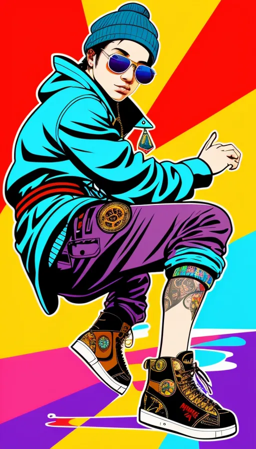 Highly Detailed Colourful Graffiti Illustration Of teenage Breakdancing, Detailed 5 Fingers Hands, Wearing A Beanie. Circular Sunglasses, Steam Punk Robe, Face Is Highly Detailed, Vibrant Color, High Detail