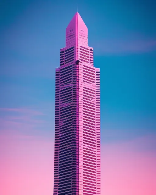Skyscraper at the airplane and airplane are on mountain sky and sky is pink and lighting 