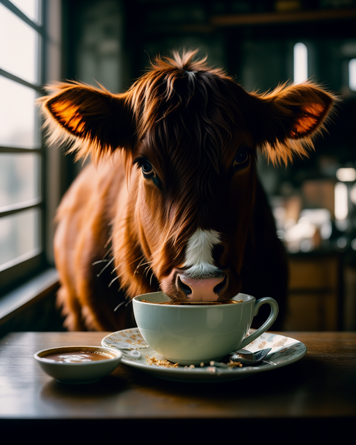 epic fantasy comic book style portrait painting of a very beautiful cow drinking coffee, awesome pose, character design by mark ryden and pixar and hayao miyazaki, unreal 5, daz, hyperrealistic, octane render, cosplay, rpg portrait, dynamic lighting, intricate detail, summer vibrancy, cinematic