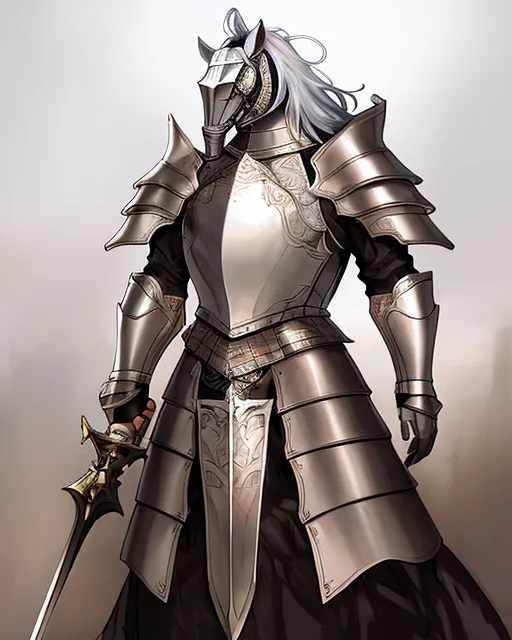 A man wearing an armour with a horse head holding a sword