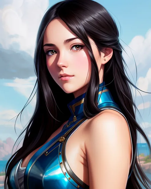 cute girl (long dark blue hair) detailed face, cute