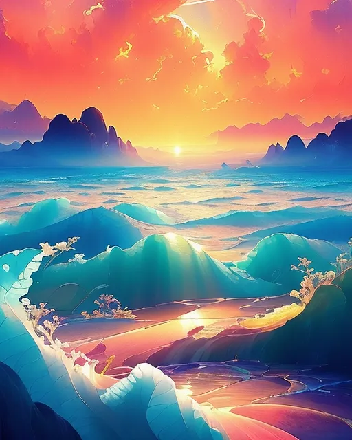 A Rushing Clean Ocean Below A Beautiful Sunset; Sunny Sky, Rainbows In The Background, Synthwave Painting, Sunset City, Digital Illustration, Extreme Detail, Digital Art, 4k, Ultra Hd, Watercolor, James Jean, Dan Mumford, Yanjun Cheng, Concept Art, Vapor, Jeff Koons, Watercolor, Mixed Media