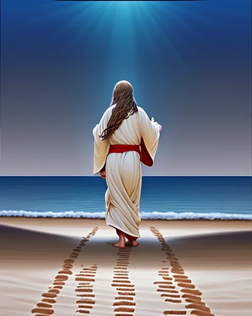 Highly defined in detail Jesus Christ wearing a red robe walking with is feet in the sand with footprints in the sand following behind him, a beautiful highly detailed girl with long brown hair kneeling and praying in front of his feet surrounded by a soft light