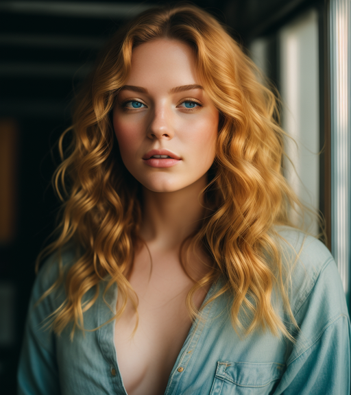 , beautiful, polished, golden hour, sunny, detailed, iridescent, photorealistic, hyperrealism, realism, Plus size female , Golden blonde curly, long hair  