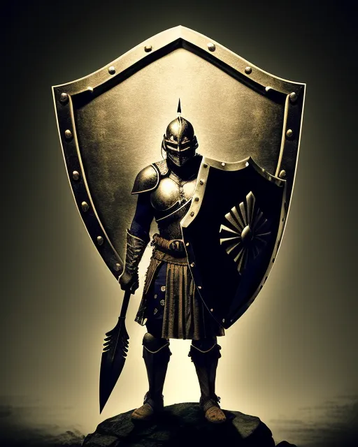 Warrior with a shield and a shield on his chest stands in a dark 