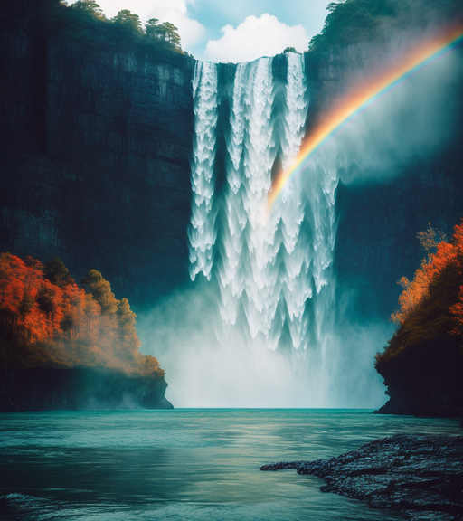 A landscape with a waterfall and a rainbow