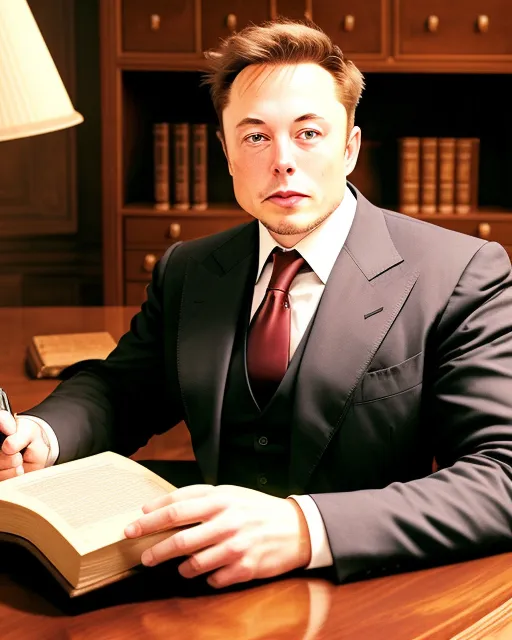 Elon musk Handsome seated at mahogany desk writing in an ancient book 