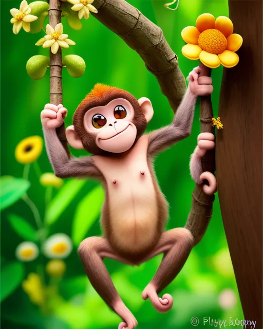 Playful little monkey swaying on the vine,big smile face,bright, fantasy, playful, cute,  in forest comic style, detailed , with buzz bees, flowers , tree, mushrooms 