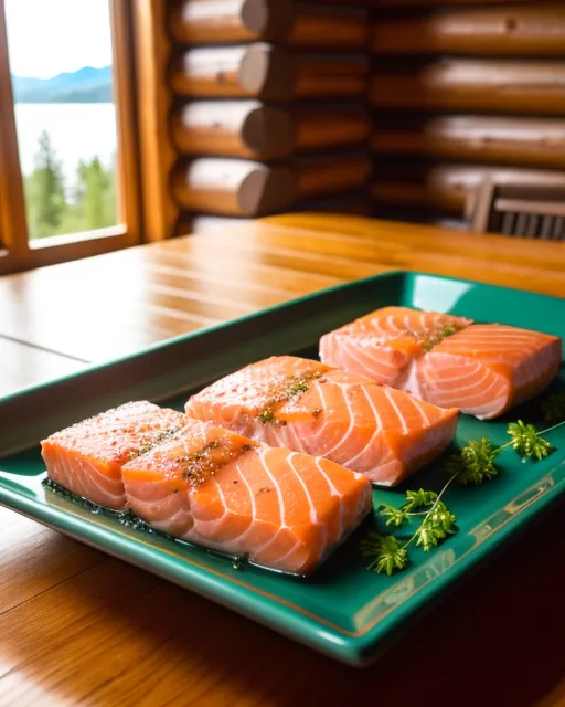 baked salmon with lemon, against the background of a log house near the lake