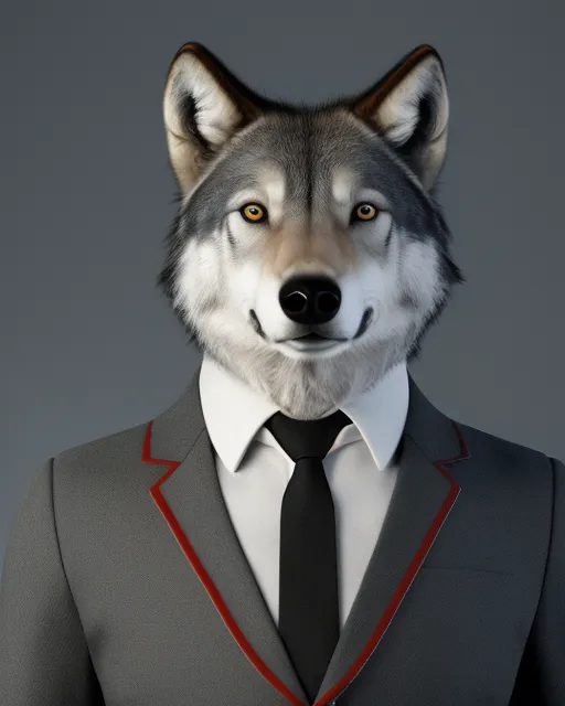 man, with a wolf's head and a human body, wearing a black suit, white shirt and red tie , by the bank 