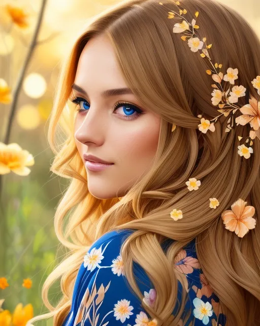 Blue eyes and yellow flowers - starryai