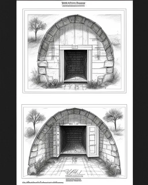 Root cellar plans, detailed, schematic, , graphite pencil drawing,  realistic,  natural,  b&w illustration,  fine art, concept art, complex