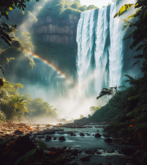 Ruins, Plants, Tropical Jungle, Full-Arch Rainbow, Abundant Vegetation, Waterfall, Iridescent Skies, Mystical Energy in the Air, Cinematic, Fantasy Art, Digital Illustration, Global Illumination, Highly Detailed, Sharp Focus, Masterpiece, Best quality, 8k