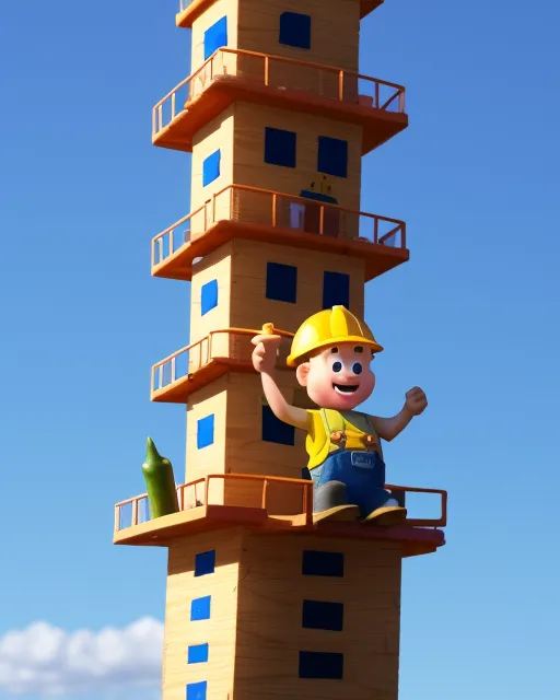 Bob the Builder eating a pickle on the top of a tower