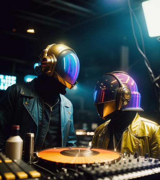 Underground music studio with synthétiser and a daft punk making music 