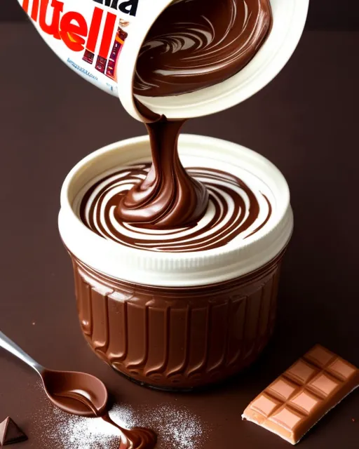 Nutella Jar open, fallen on the side with chocolate waves coming out of it