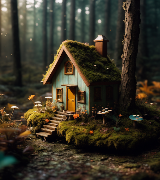 miniature fairy house on forest floor, - AI Photo Generator - starryai