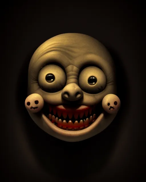 Evil smiley face, macabre art, vile demonic creature, exaggerated smile, disturbing, unsettling, terrifying, evil, hyperrealistic, creepy smile, HDR