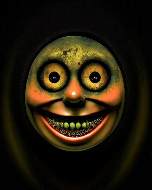 Evil smiley face, macabre art, vile demonic creature, bloodthirsty, exaggerated smile, disturbing, unsettling, terrifying, evil, hyperrealistic, creepy smile, gore, HDR