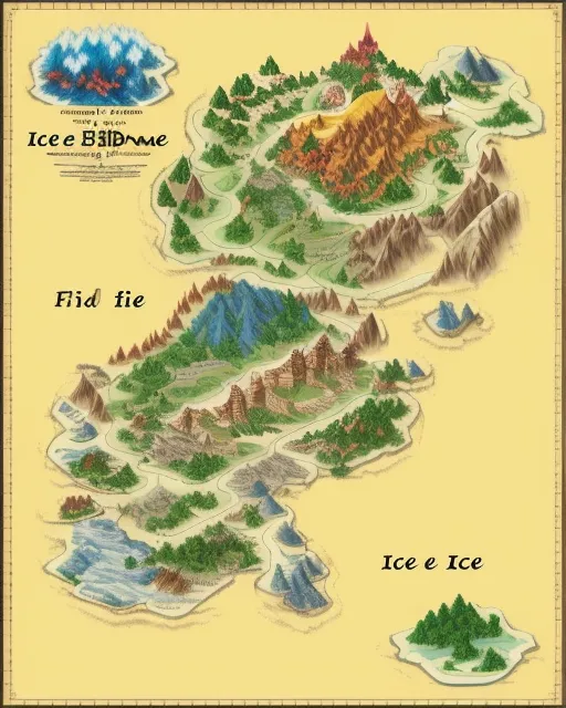 (((Map art))) showing a ((fire biome)) and ((ice biome)) with kingdoms and villages throughout; map, cartography, ((aerial view)), bold, vibrant, 2D; In the style of Tyler Cross, gm.finch; highly detailed, aerial view, 2D