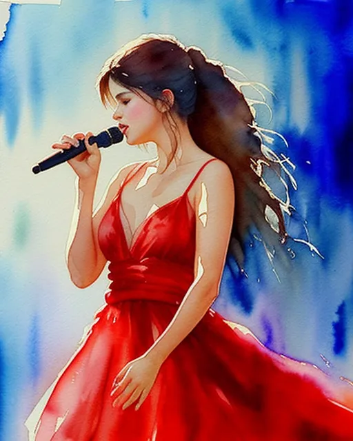 , beautiful watercolor painting,  realistic,  detailed,  painting by olga shvartsur,  svetlana novikova,  fine art,  soft watercolor, fantasy art, chinese watercolor, romanticism, portrait of Selena Gomez, in red dress singing in her concert. 