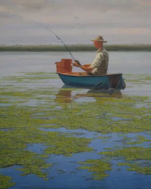 Fisherman fishing in a ((small boat)) off the coast of a (swampy marsh); Serene, peaceful, lonely, patient, calm, dream-like; In the style of Jack Wilkinson Smith, Bill Davidson; oil painting, canvas