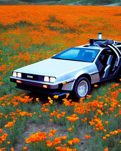 The back to the future delorean in a field of California poppies