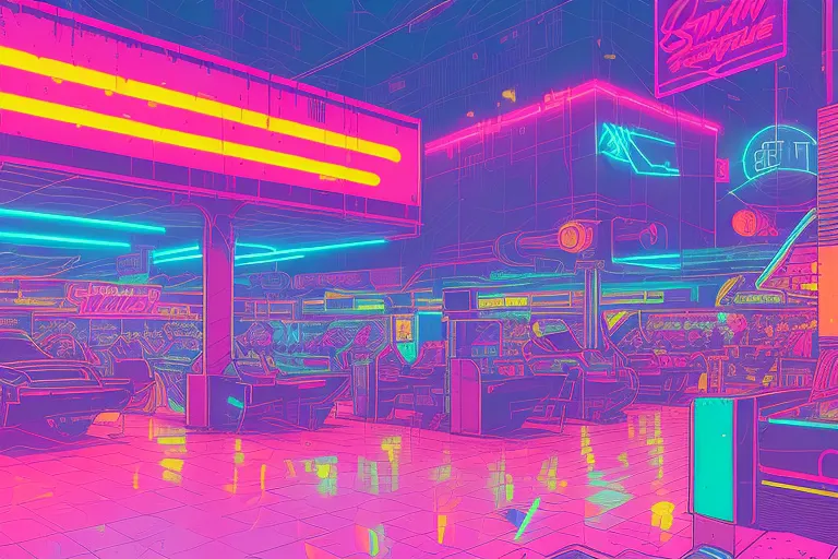 Retro shopping mall food court, 1980s, 1990s, nostalgic, comic book art, bright color palette, Nathan Fox, sam todhunter, Jakub Rebelka, robert Parker.