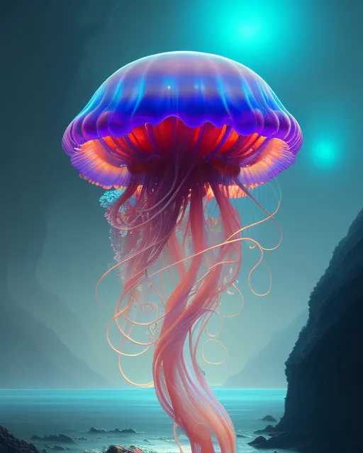 Jellyfish, long tendrils, dark ocean, - AI Photo Generator - starryai