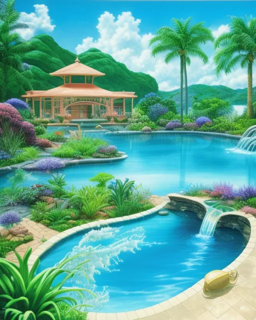 Swimming pool, lush, beautiful, vibrant, beautiful surroundings, beautiful fantasy landscape,  realistic and natural,  detailed full-color,  nature,  hd photography,  fantasy by john stephens,  galen rowell,  david muench,  james mccarthy,  hirō isono,  realistic surrealism,  elements by nasa,  magical,  detailed,  gloss,  hyperrealism