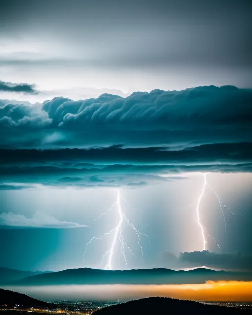 Blue green silver gold storm with lightning and clouds