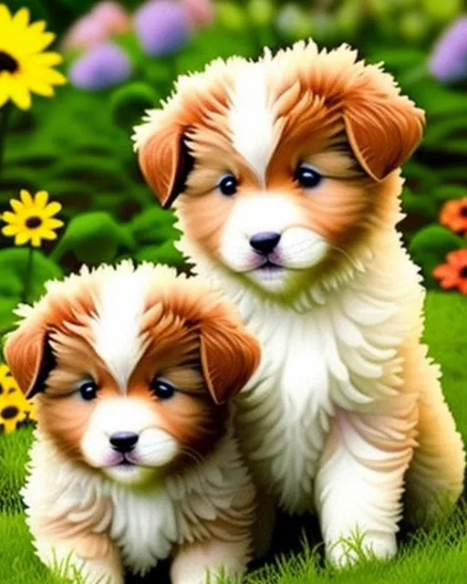 Cute fuzzy puppies in a flower garden