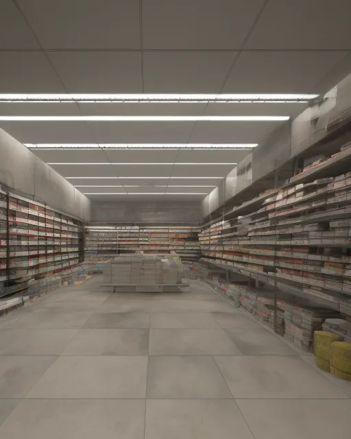 The tile floor of the store stood in contrast with the concrete pillars to a steel roof. The inside of this unpopulated place left with sound purely from the ventilation, the shelves stocked for the unlikely event someone is to come.