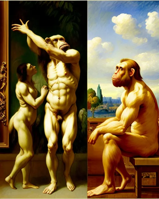 Human evolution from ape to man and evolution of art through artistic movements, impressionism, romanticism, mannerism, baroque, rococo, neoclassicism