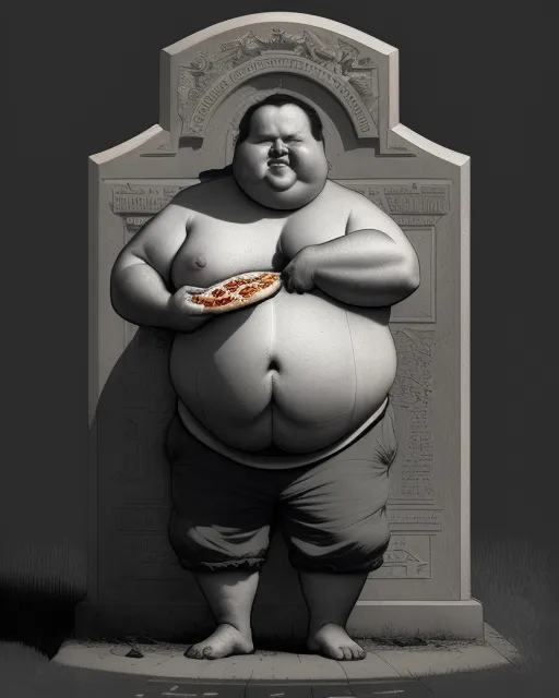 A tombstone with an engraving of an overweight person holding a pizza., charcoal sketch, asaf hanuka