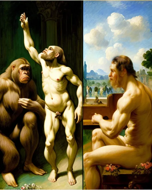 Human evolution from ape to man and evolution of art through artistic movements, impressionism, romanticism, mannerism, baroque, rococo, neoclassicism