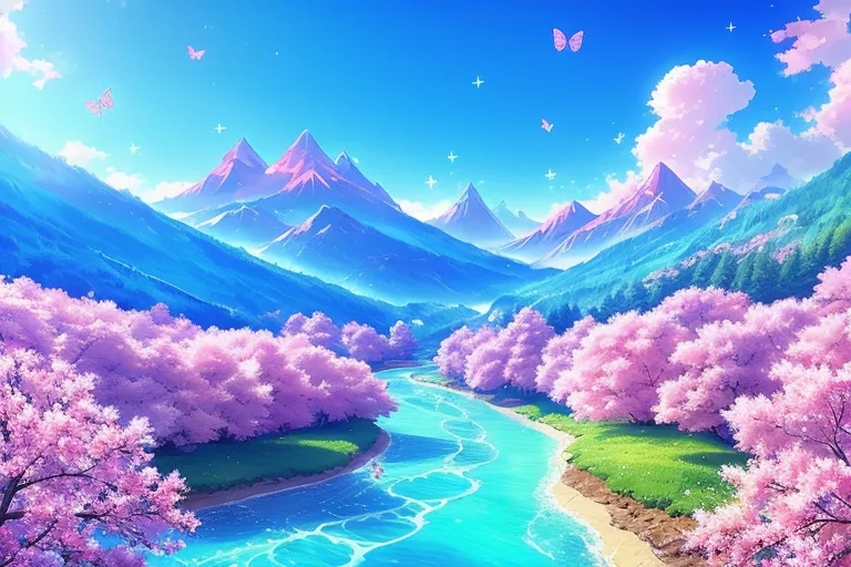 Beautiful blue crystalline fairy land, blue crystalline river, trees, flowers, mountains, pink fairy birds, pink fairy princesses, pink fairy butterflies, Crystal clear, clean and pure, Surreal, Ultra HD, 8K resolution, pixel perfect, perfect ultra fine detail