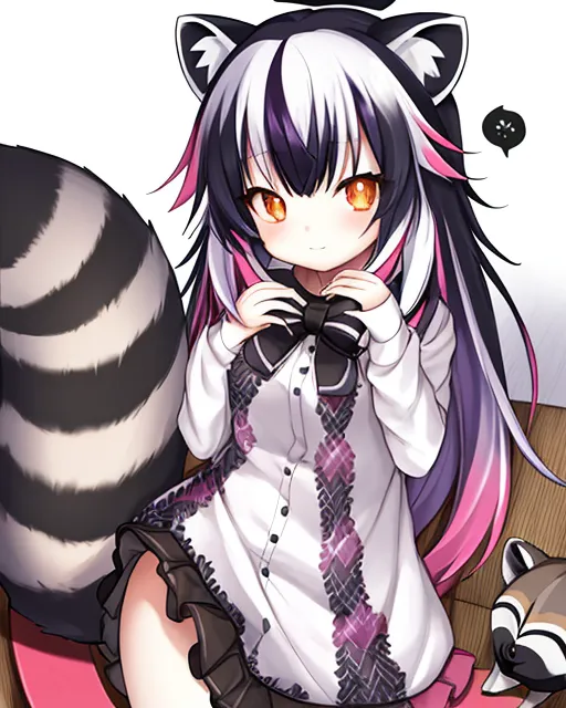 Raccoon, girl, multi colored hair, sweet, quiet, beautiful, 
