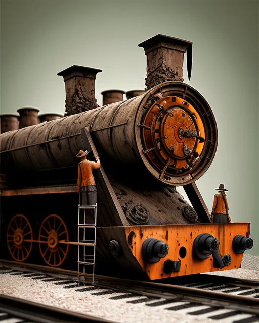 A gutted locomotive on a rust-stained, broken lengths of fluted marble, headless marble statues stacked like firewood., fantasy art, concept art, hyper detailed, trending on artstation, surrealism, vintage photography,  retro vintage style,  hd photography,  hyperrealism
