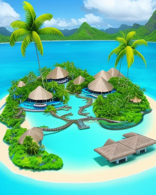 Tropical island. Beautiful tropical island with crystal clear blue water, a jungle full of lush green trees and paints, thousands of colorful plants and flowers, Mountains and cliffs with enormous waterfalls, over the water bungalows, hotels, Fiji, Maldives, Bora Bora, Seychelles, 32k rendering, ultra realistic art style, high definition, extremely detailed, very colorful, large landscape 