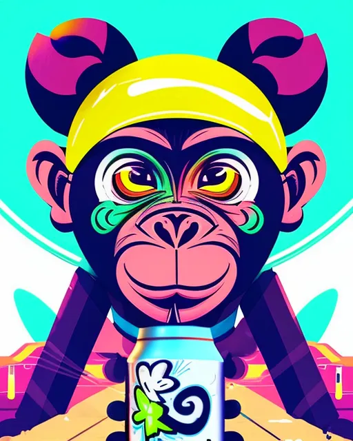 Create an image of a talented graffiti artist monkey wearing a cap, holding a spray paint can in one hand, and confidently painting a vibrant graffiti mural on a city wall. Has a Monkey face that is a bit more cartoon, monkey hands, looks like a monkey, more defined image. more cool , more attitude