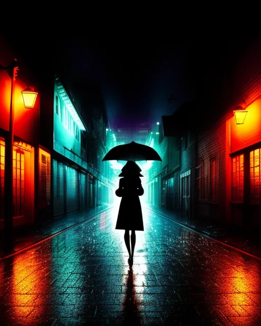 Dark rainy street lit neon city - Free AI Photo Generator - starryai