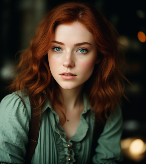 Very beautiful woman, auburn hair, green eyes, steampunk outfit, post apocalyptic landscape 