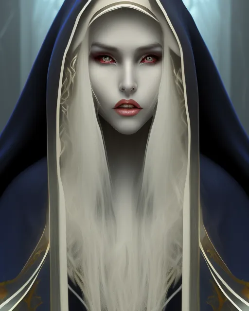 A woman with white-blonde hair is in a dark temple, wearing a dark blue robe and cloak. The cloak has a hood which covers her eyes, but not her mouth, which is curved into a sinister grin.