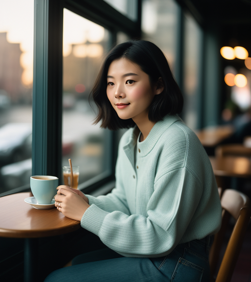 Object: A girl sitting at a cafe - Free AI Photo Generator - starryai