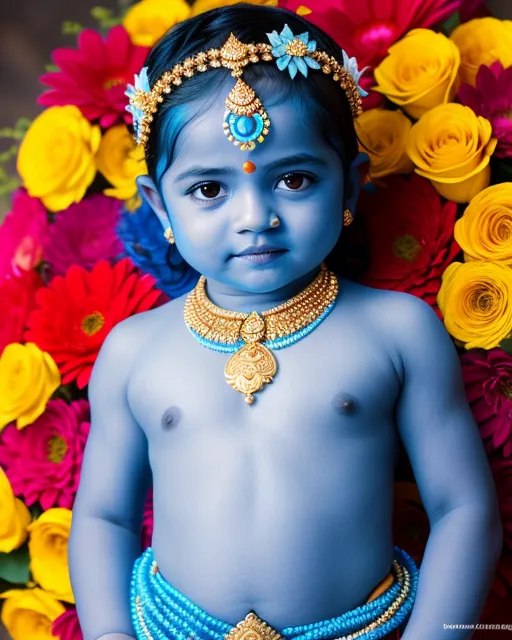 Beautiful Baby Krishna, Blue Skin, 32K, Jewels, Flowers, Detailed, Sharp Focus